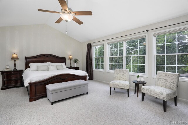 5687 Stonehaven Blvd, Rochester, MI 48306 - bedroom featuring multiple windows, lofted ceiling, carpet floors, and a ceiling fan