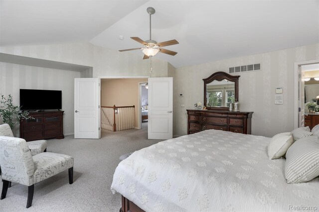 5687 Stonehaven Blvd, Rochester, MI 48306 - carpeted bedroom featuring wallpapered walls, lofted ceiling, and ceiling fan