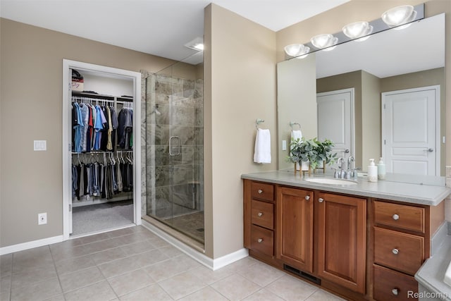 5687 Stonehaven Blvd, Rochester, MI 48306 - full bathroom with baseboards, vanity, a shower stall, and tile patterned flooring