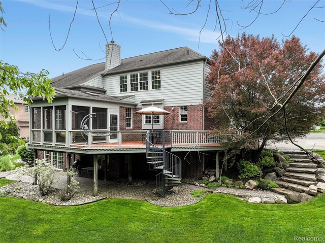 5687 Stonehaven Blvd, Rochester, MI 48306 - back of house featuring stairs, a deck, brick siding, a sunroom, and a chimney