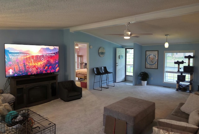 25893 Clark St, Novi, MI 48375 - living area with carpet, a ceiling fan, crown molding, a fireplace, and a textured ceiling