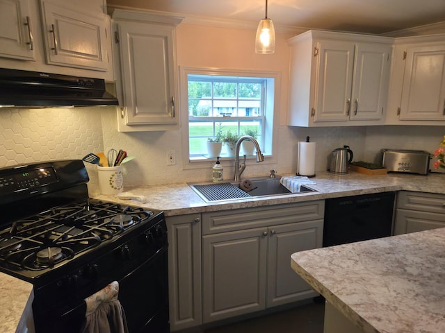 25893 Clark St, Novi, MI 48375 - kitchen with black appliances, under cabinet range hood, a sink, light countertops, and decorative backsplash