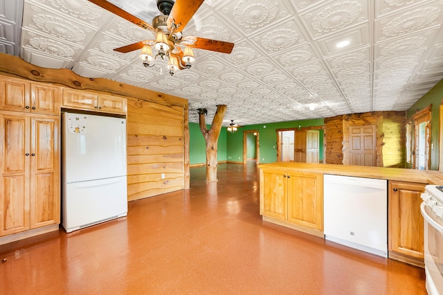 4450 50th Ave, Sears, MI 49679 - kitchen featuring white appliances, a ceiling fan, an ornate ceiling, light flooring, and light countertops