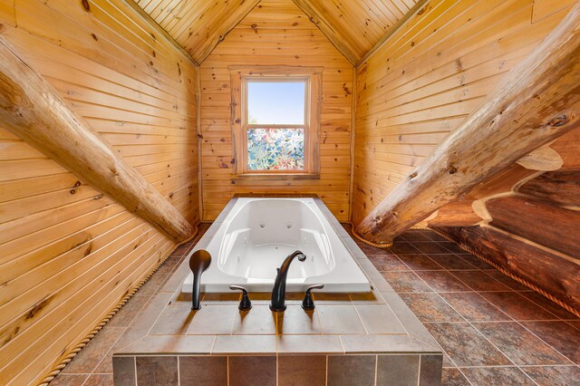 4450 50th Ave, Sears, MI 49679 - bathroom featuring wood ceiling, a jetted tub, wooden walls, and lofted ceiling