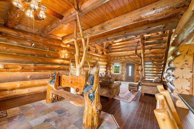 4450 50th Ave, Sears, MI 49679 - living room featuring log walls, wooden ceiling with exposed beams, and a ceiling fan