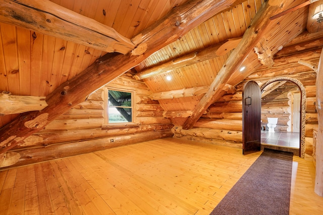 4450 50th Ave, Sears, MI 49679 - additional living space with log walls, hardwood / wood-style floors, and wooden ceiling