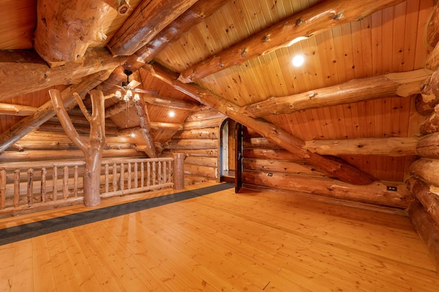 4450 50th Ave, Sears, MI 49679 - bonus room featuring log walls, wood-type flooring, wooden ceiling, and a ceiling fan