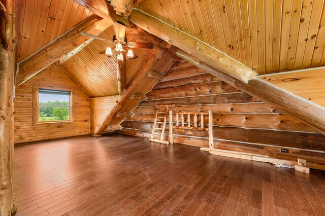 4450 50th Ave, Sears, MI 49679 - additional living space featuring wood ceiling, hardwood / wood-style flooring, rustic walls, and ceiling fan