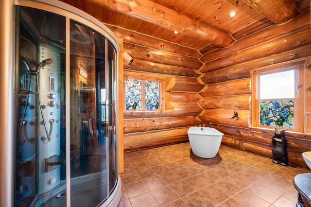 4450 50th Ave, Sears, MI 49679 - full bathroom featuring wooden ceiling with exposed beams, a stall shower, rustic walls, a bidet, and tile patterned flooring