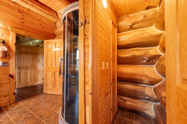 4450 50th Ave, Sears, MI 49679 - sauna featuring tile patterned floors, wood ceiling, and rustic walls