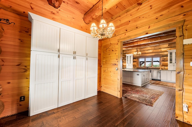 4450 50th Ave, Sears, MI 49679 - unfurnished dining area featuring a chandelier, dark wood-type flooring, wood ceiling with exposed beams, and rustic walls