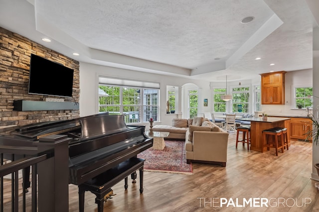 7149 Armadale Ct NE, Belmont, MI 49306 - living room with a tray ceiling, a textured ceiling, light wood-style floors, recessed lighting, and arched walkways