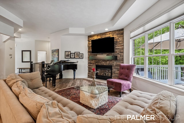 7149 Armadale Ct NE, Belmont, MI 49306 - living room featuring wood finished floors, baseboards, and a stone fireplace