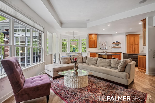 7149 Armadale Ct NE, Belmont, MI 49306 - living room featuring baseboards, light wood-style flooring, recessed lighting, and a tray ceiling
