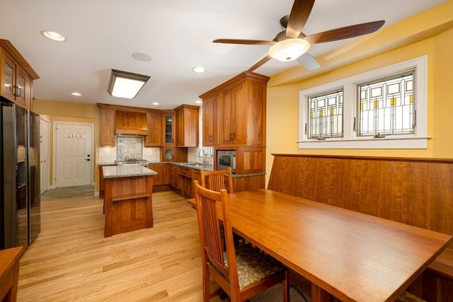 4936 Ravine Ct, Ann Arbor, MI 48105 - dining space with a ceiling fan, light wood-style floors, and recessed lighting