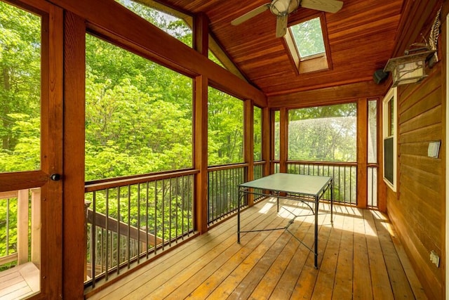4936 Ravine Ct, Ann Arbor, MI 48105 - unfurnished sunroom featuring a ceiling fan, a skylight, and lofted ceiling