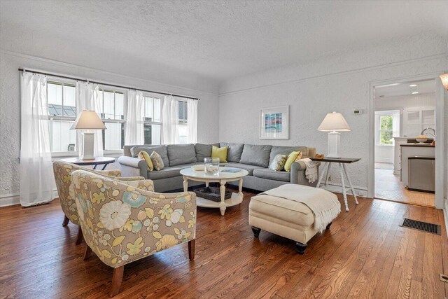 10251 Smith Rd, Union Pier, MI 49129 - living room with a textured ceiling, hardwood / wood-style flooring, a textured wall, and baseboards