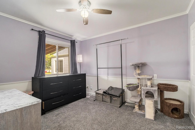 2305 Hester Ct, Keego Harbor, MI 48320 - living area with ornamental molding, carpet flooring, a ceiling fan, and baseboards