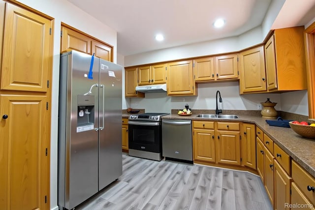 2626 Winter Dr, Troy, MI 48083 - kitchen featuring appliances with stainless steel finishes, a sink, under cabinet range hood, dark countertops, and light wood-style floors