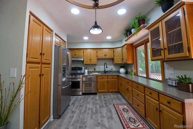 2626 Winter Dr, Troy, MI 48083 - kitchen featuring appliances with stainless steel finishes, under cabinet range hood, dark countertops, light wood-style floors, and a sink