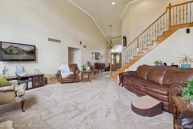 27820 29 Mile Rd, Lenox, MI 48048 - living area featuring ornamental molding, high vaulted ceiling, stairway, carpet, and a chandelier