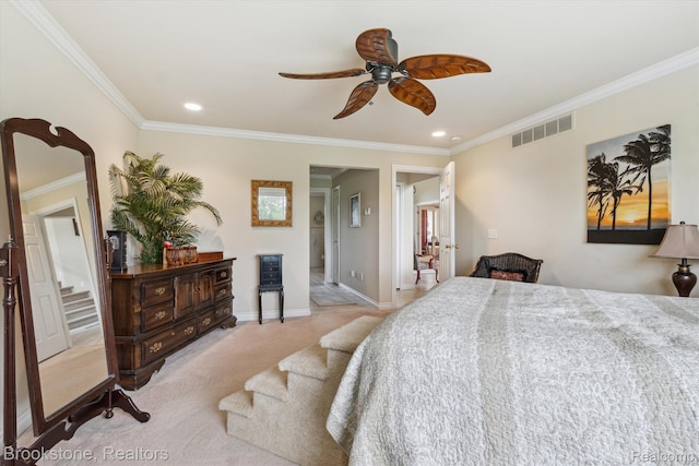 27820 29 Mile Rd, Lenox, MI 48048 - bedroom with crown molding, light colored carpet, baseboards, recessed lighting, and ceiling fan