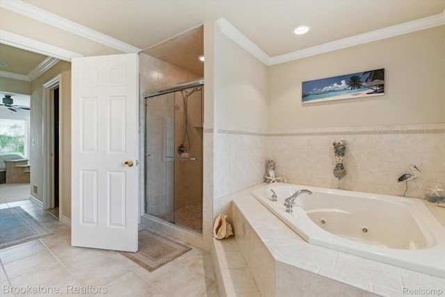 27820 29 Mile Rd, Lenox, MI 48048 - full bathroom with a tub with jets, a shower stall, ornamental molding, tile patterned flooring, and recessed lighting