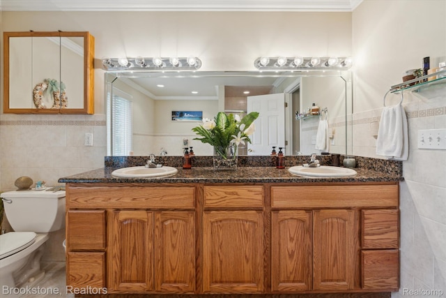 27820 29 Mile Rd, Lenox, MI 48048 - bathroom with tile walls, double vanity, crown molding, and toilet