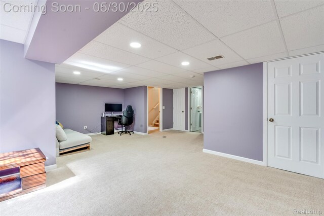 41342 N Maplewood Dr, Canton, MI 48187 - sitting room featuring carpet floors, baseboards, recessed lighting, stairway, and a paneled ceiling