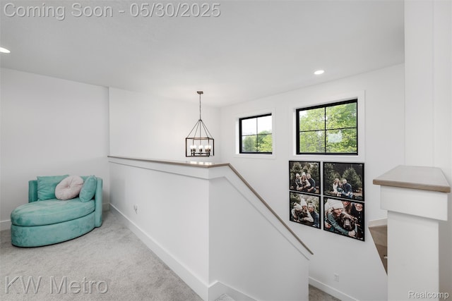 1585 Kriss Crossing Rd, Brighton, MI 48114 - unfurnished room with an upstairs landing, recessed lighting, carpet flooring, baseboards, and a chandelier