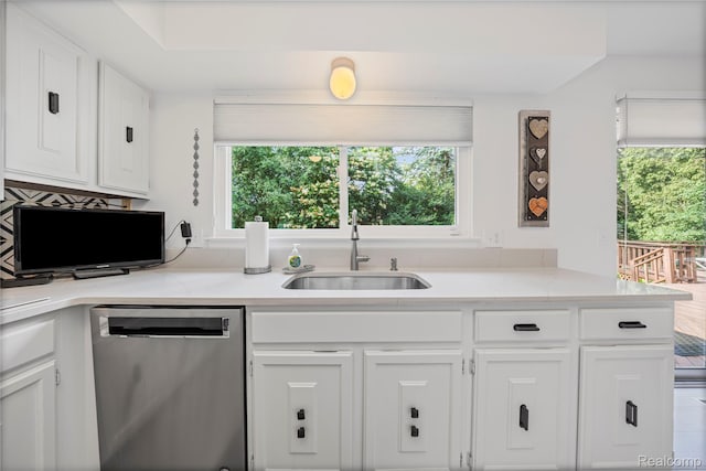 3072 Brewster, West Bloomfield, MI 48322 - kitchen featuring stainless steel dishwasher, white cabinets, light countertops, and tasteful backsplash