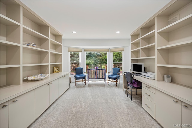 3072 Brewster, West Bloomfield, MI 48322 - office with light carpet, built in study area, recessed lighting, and built in shelves