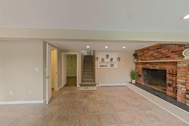 16172 Crest Dr, Linden, MI 48451 - unfurnished living room featuring baseboard heating, stairs, baseboards, recessed lighting, and a brick fireplace