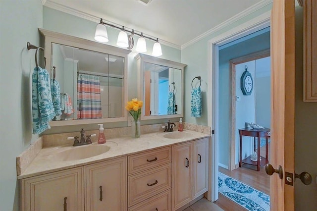 16172 Crest Dr, Linden, MI 48451 - full bath featuring double vanity, crown molding, curtained shower, and wood finished floors