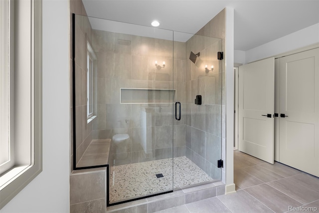 3097 Gecko Trl, Pinckney, MI 48169 - bathroom with a stall shower, tile patterned floors, and recessed lighting