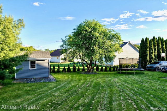 16429 E Horseshoe Trl, Linden, MI 48451 - view of green lawn featuring a trampoline and a storage unit
