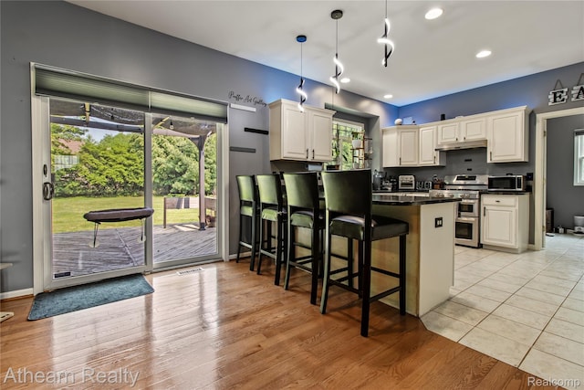 16429 E Horseshoe Trl, Linden, MI 48451 - kitchen featuring dark countertops, stainless steel appliances, a peninsula, a breakfast bar, and healthy amount of natural light