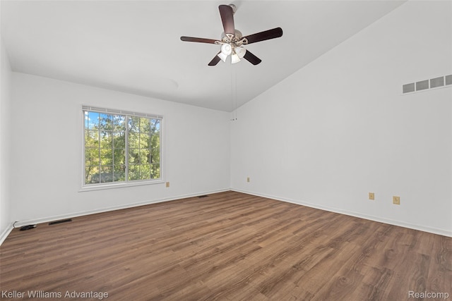 42900 Ledgeview Dr, Novi, MI 48377 - unfurnished room with wood finished floors, lofted ceiling, a ceiling fan, and baseboards