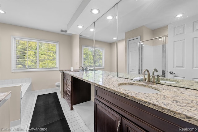 42900 Ledgeview Dr, Novi, MI 48377 - full bath with vanity, toilet, a stall shower, tile patterned floors, and a bath
