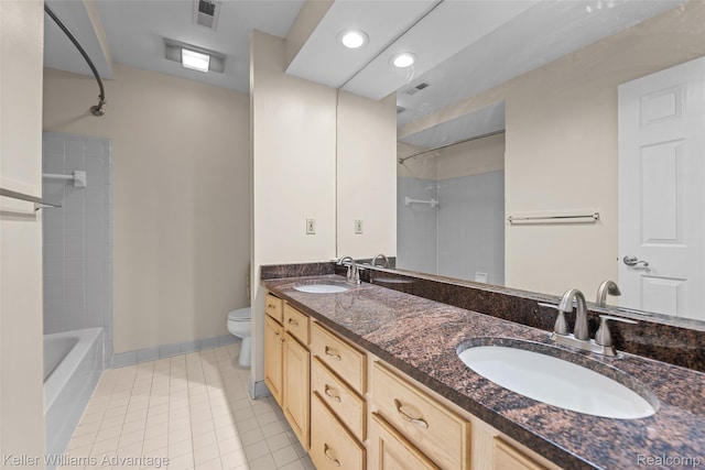 42900 Ledgeview Dr, Novi, MI 48377 - bathroom featuring double vanity, toilet, shower / bathtub combination, tile patterned flooring, and recessed lighting
