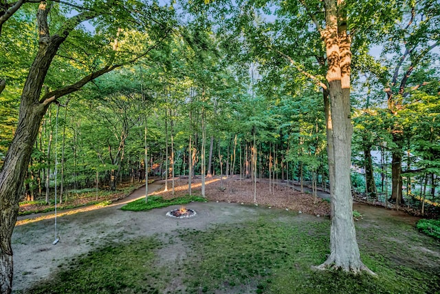 9180 Dicey St, Montague, MI 49437 - view of yard featuring a fire pit and a wooded view