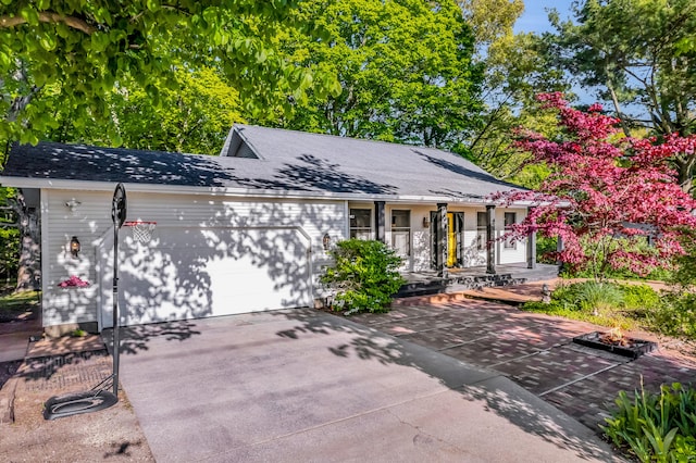 9180 Dicey St, Montague, MI 49437 - view of front facade featuring a fire pit, a garage, and driveway