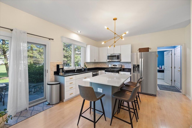 1269 Apple Creek Dr SE, Grand Rapids, MI 49546 - kitchen with appliances with stainless steel finishes, a sink, a kitchen bar, and light wood-style flooring