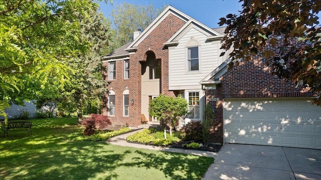 1269 Apple Creek Dr SE, Grand Rapids, MI 49546 - traditional-style home with brick siding, a front lawn, a chimney, driveway, and a garage