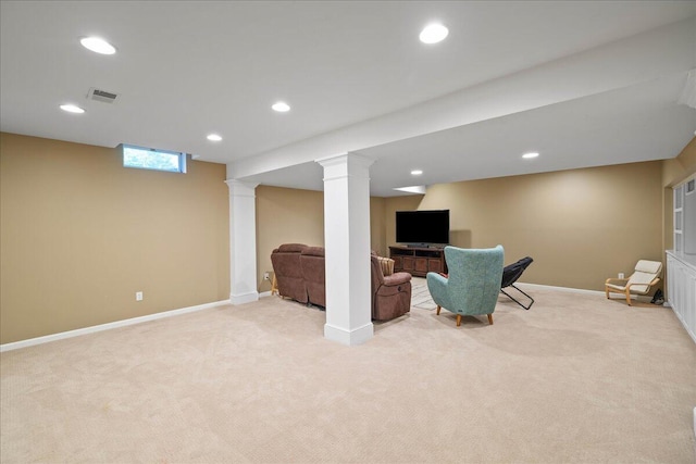 1269 Apple Creek Dr SE, Grand Rapids, MI 49546 - living area featuring carpet floors, baseboards, recessed lighting, and decorative columns