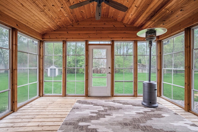 69218 Sundance Dr, Edwardsburg, MI 49112 - unfurnished sunroom with lofted ceiling, a ceiling fan, wooden ceiling, healthy amount of natural light, and wood-type flooring