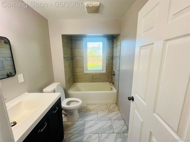 22380 Panama Ave, Sterling Heights, MI 48091 - bathroom with vanity, toilet, marble look tiles, baseboards, and bathtub / shower combination