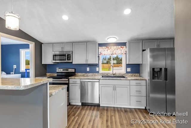 11943 Mulliken Rd, Mulliken, MI 48861 - kitchen featuring appliances with stainless steel finishes, a sink, gray cabinets, healthy amount of natural light, and recessed lighting