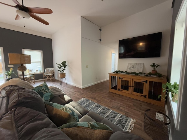1581 W Lone Pine Dr, Baldwin, MI 49304 - living room featuring baseboards, wood finished floors, and ceiling fan