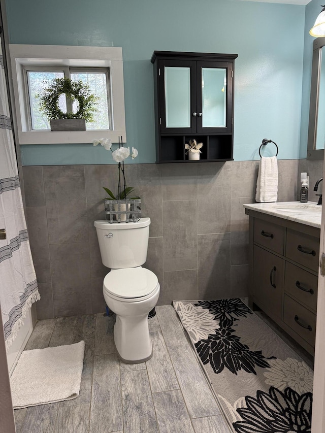 1581 W Lone Pine Dr, Baldwin, MI 49304 - full bathroom with toilet, vanity, tile walls, and a shower with shower curtain